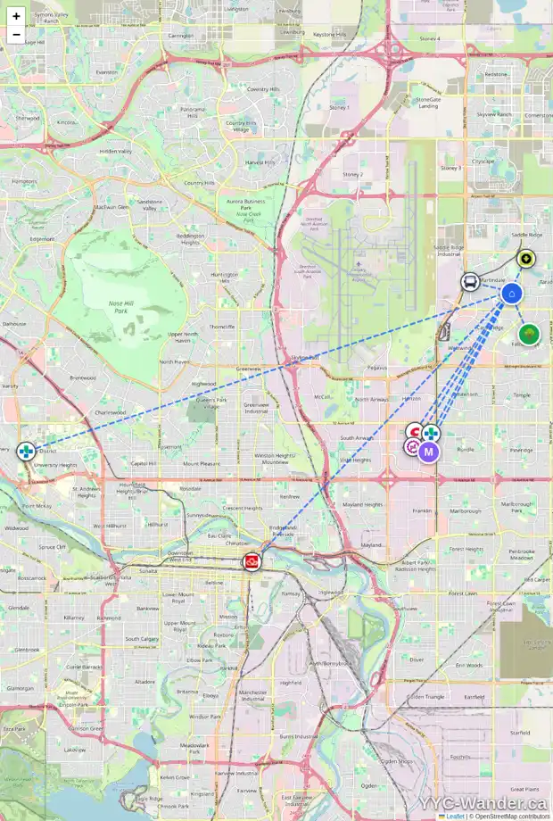 Daily accessibility map for 75 MARTINWOOD CO NE, Calgary showing nearby schools, grocery stores, parks, LRT stations and nearby amenities