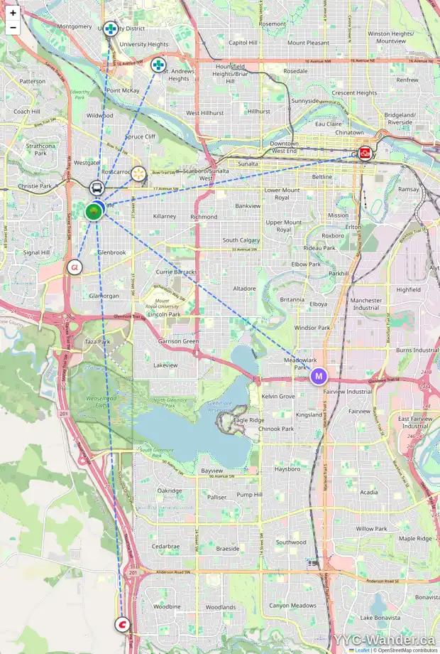 Daily accessibility map for 21 GLENVIEW CR SW, Calgary showing nearby schools, grocery stores, parks, LRT stations and nearby amenities