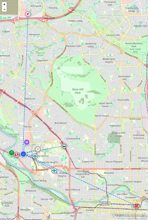 Daily accessibility map for 4820 20 AV NW, Calgary showing nearby schools, grocery stores, parks, LRT stations and nearby amenities