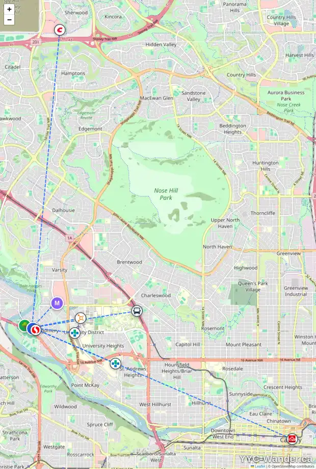 Daily accessibility map for 5114 BOWNESS RD NW, Calgary showing nearby schools, grocery stores, parks, LRT stations and nearby amenities