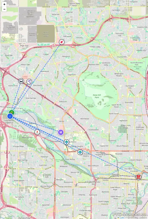 Daily accessibility map for 9039 33 AV NW, Calgary showing nearby schools, grocery stores, parks, LRT stations and nearby amenities