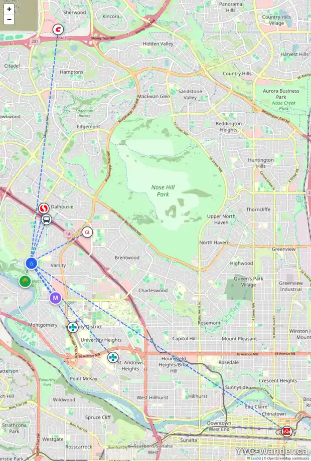 Daily accessibility map for 4151 VARSITY RD NW, Calgary showing nearby schools, grocery stores, parks, LRT stations and nearby amenities