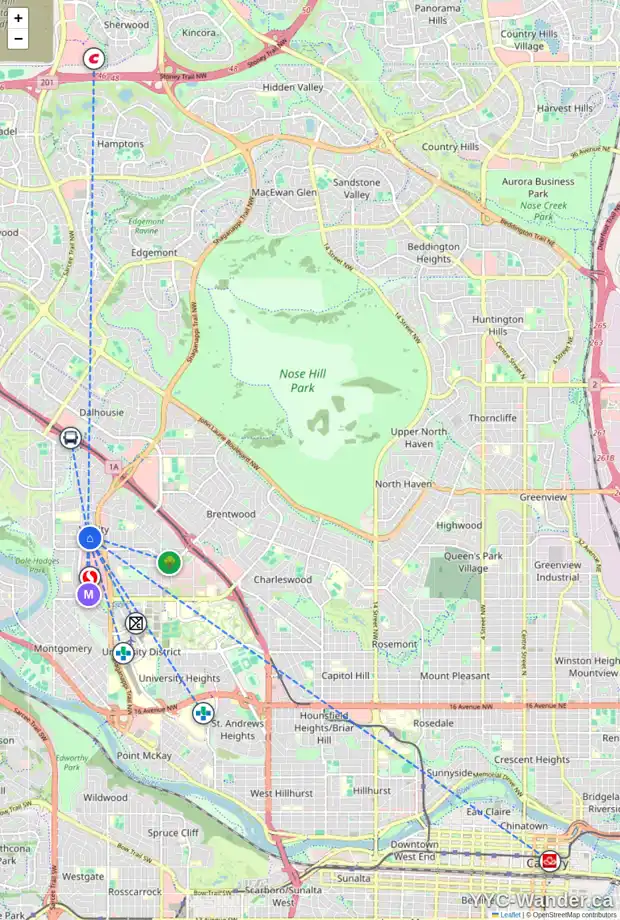 Daily accessibility map for 4919 VALIANT DR NW, Calgary showing nearby schools, grocery stores, parks, LRT stations and nearby amenities