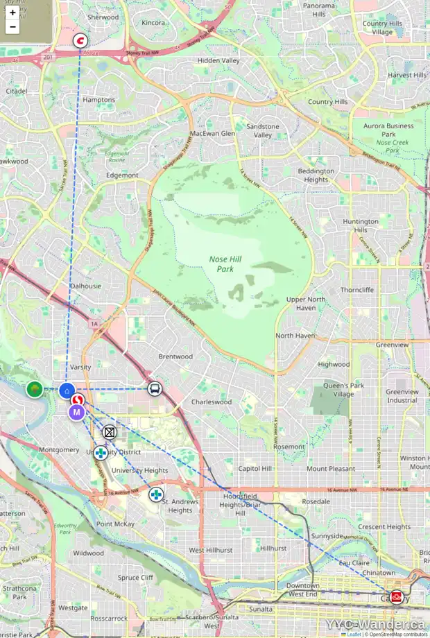Daily accessibility map for 20 VARSFIELD PL NW, Calgary showing nearby schools, grocery stores, parks, LRT stations and nearby amenities
