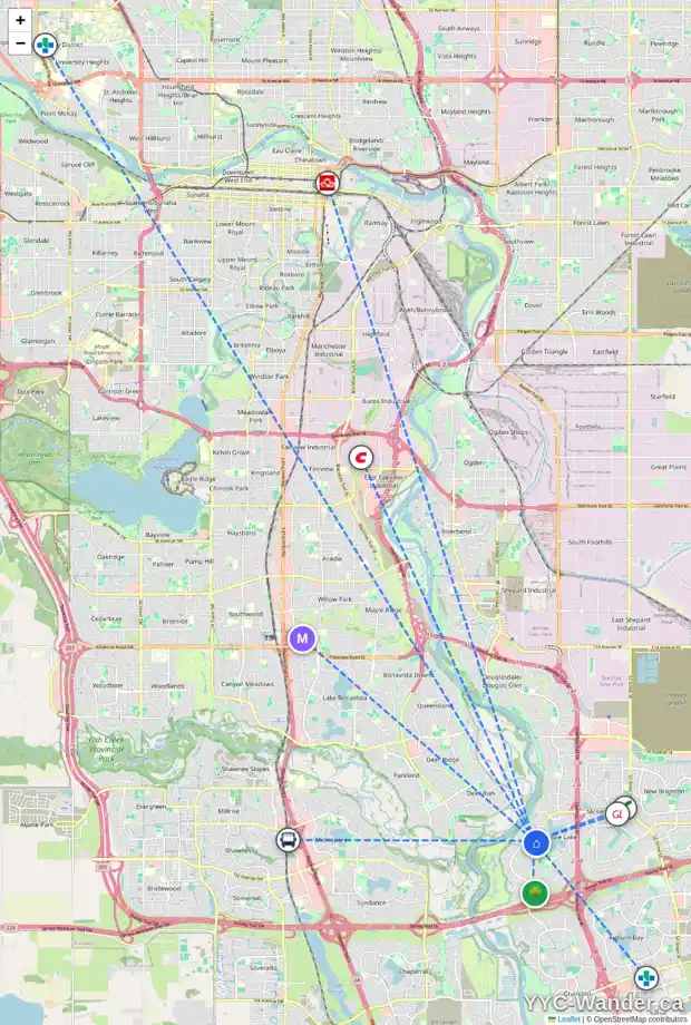 Daily accessibility map for 164 MT ROBSON CI SE, Calgary showing nearby schools, grocery stores, parks, LRT stations and nearby amenities