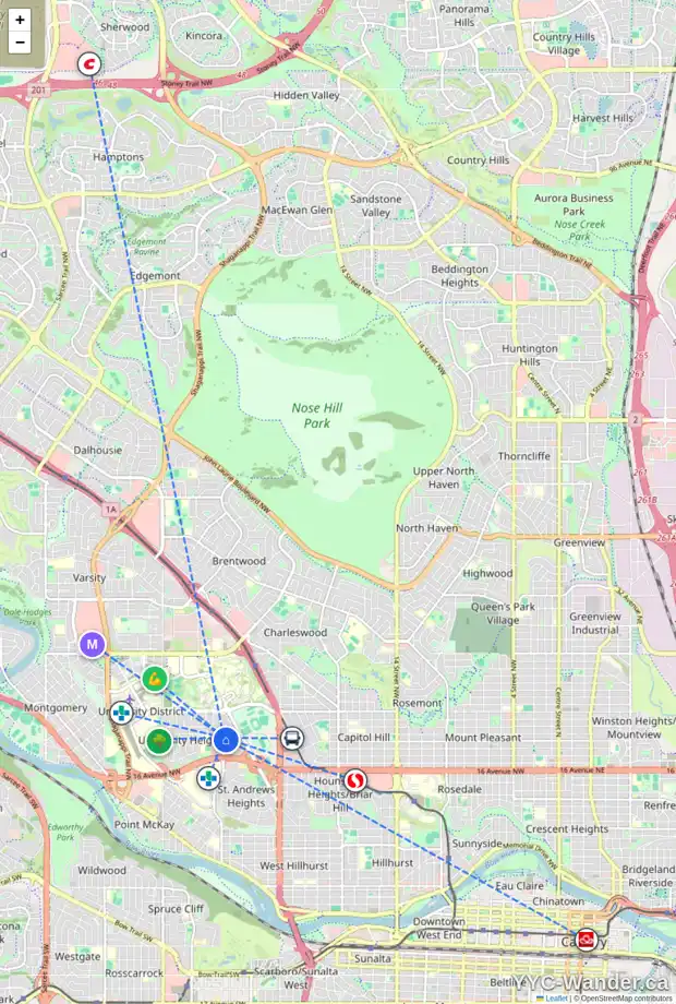 Daily accessibility map for 2937 UNWIN RD NW, Calgary showing nearby schools, grocery stores, parks, LRT stations and nearby amenities