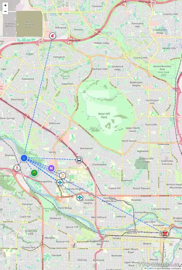 Daily accessibility map for 6518 BOW CR NW, Calgary showing nearby schools, grocery stores, parks, LRT stations and nearby amenities