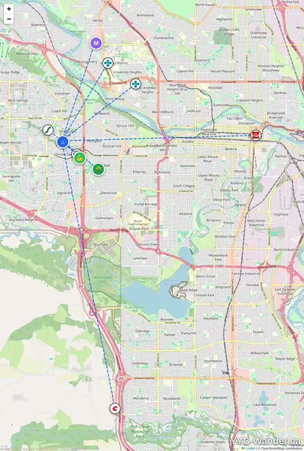 Daily accessibility map for 15 STRADBROOKE RI SW, Calgary showing nearby schools, grocery stores, parks, LRT stations and nearby amenities