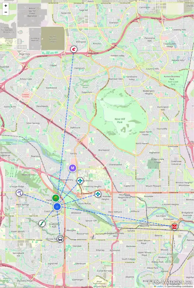 Daily accessibility map for 49 PATINA VW SW, Calgary showing nearby schools, grocery stores, parks, LRT stations and nearby amenities