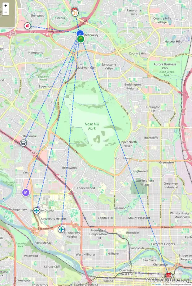 Daily accessibility map for 21 HIDDEN RANCH CO NW, Calgary showing nearby schools, grocery stores, parks, LRT stations and nearby amenities