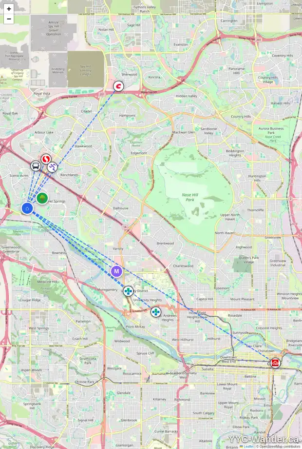 Daily accessibility map for 17 SCIMITAR HE NW, Calgary showing nearby schools, grocery stores, parks, LRT stations and nearby amenities
