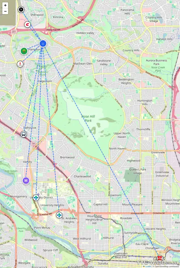 Daily accessibility map for 159 HAMPTONS TC NW, Calgary showing nearby schools, grocery stores, parks, LRT stations and nearby amenities