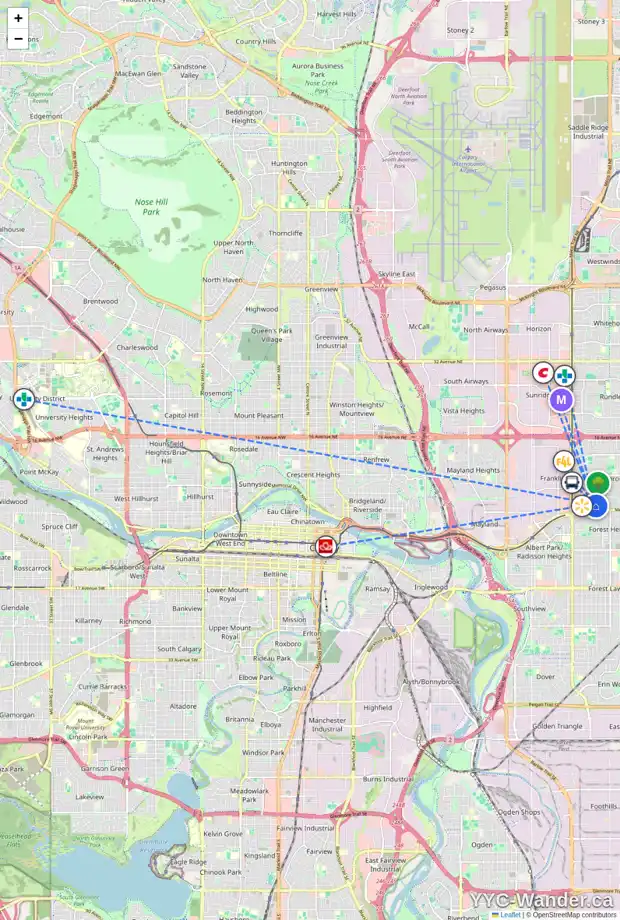 Daily accessibility map for 424 40 ST NE, Calgary showing nearby schools, grocery stores, parks, LRT stations and nearby amenities