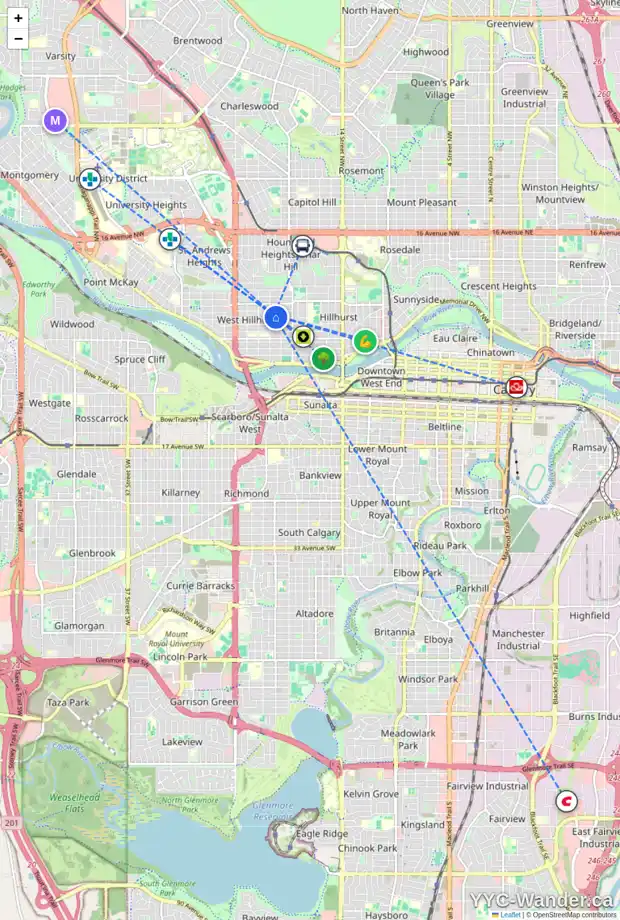 Daily accessibility map for 2126 3 AV NW, Calgary showing nearby schools, grocery stores, parks, LRT stations and nearby amenities