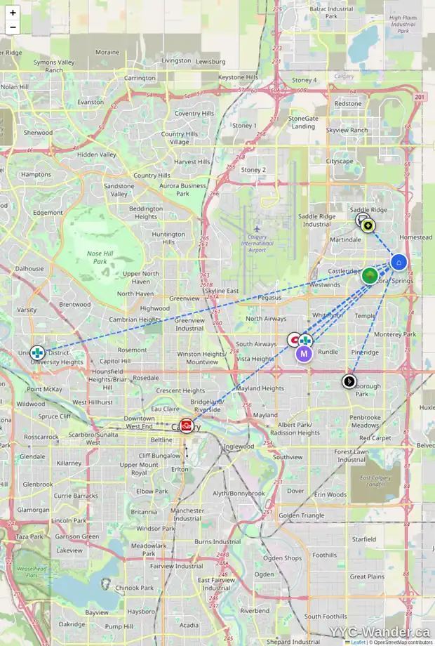 Daily accessibility map for 54 CORAL SPRINGS CO NE, Calgary showing nearby schools, grocery stores, parks, LRT stations and nearby amenities