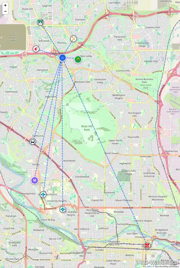 Daily accessibility map for 205 HIDDEN HILLS PL NW, Calgary showing nearby schools, grocery stores, parks, LRT stations and nearby amenities