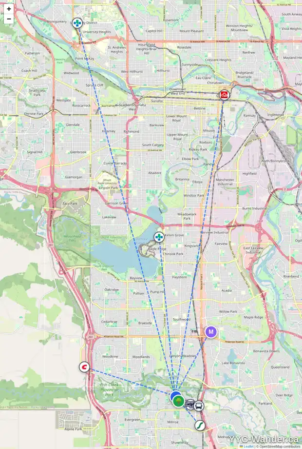Daily accessibility map for 924 SHAWNEE DR SW, Calgary showing nearby schools, grocery stores, parks, LRT stations and nearby amenities