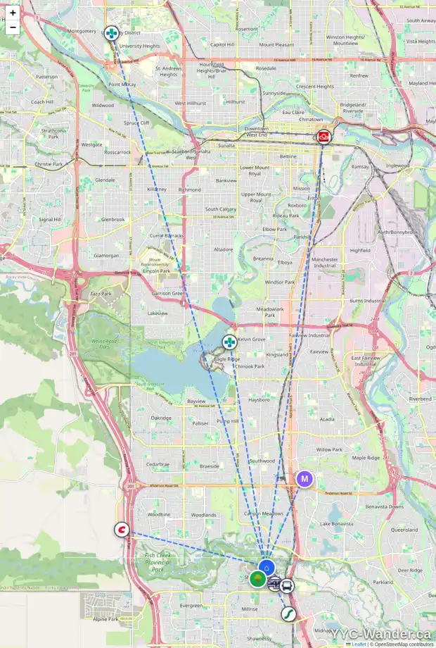 Daily accessibility map for 127 SHAWNEE PL SW, Calgary showing nearby schools, grocery stores, parks, LRT stations and nearby amenities