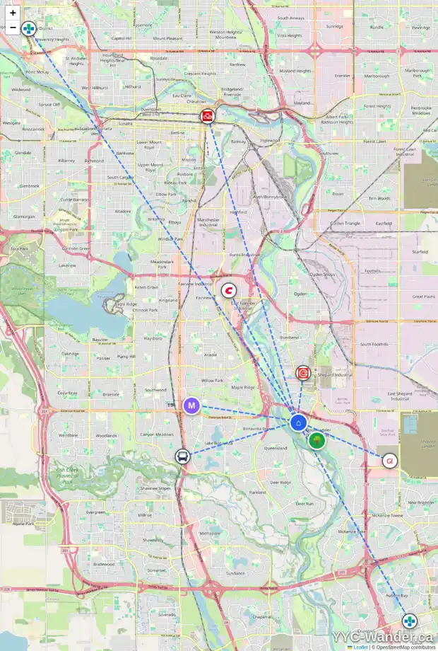 Daily accessibility map for 212 DOUGLASBANK CO SE, Calgary showing nearby schools, grocery stores, parks, LRT stations and nearby amenities