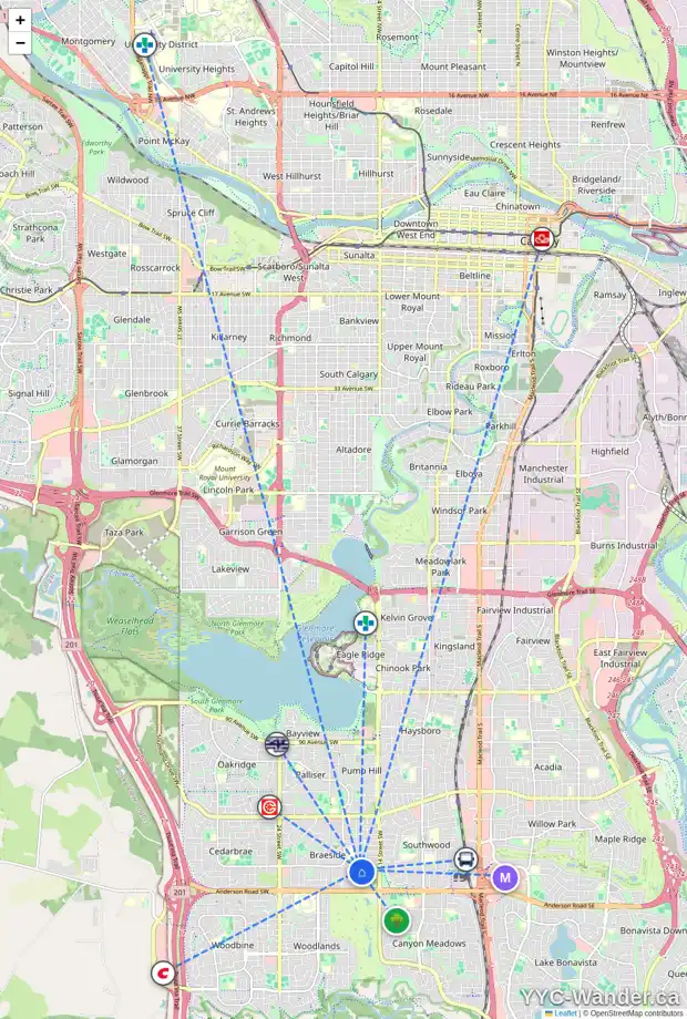 Daily accessibility map for 1711 111 AV SW, Calgary showing nearby schools, grocery stores, parks, LRT stations and nearby amenities