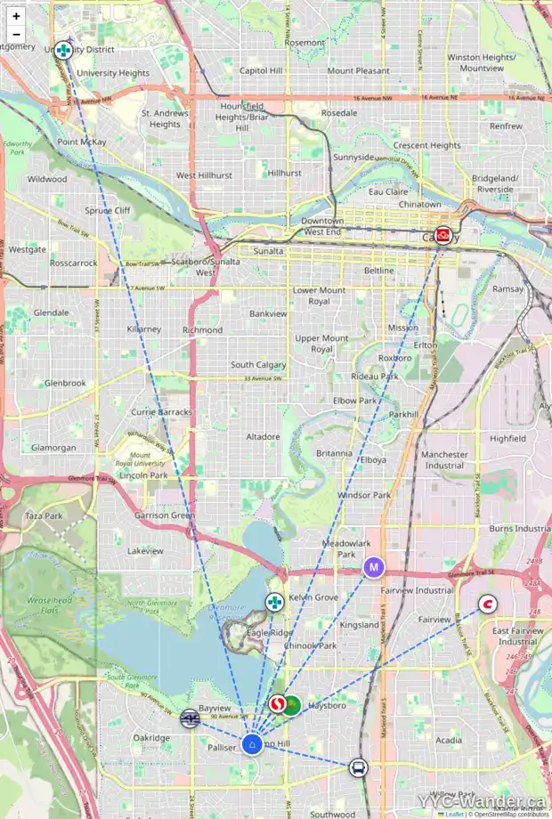 Daily accessibility map for 352 PUMP HILL GD SW, Calgary showing nearby schools, grocery stores, parks, LRT stations and nearby amenities