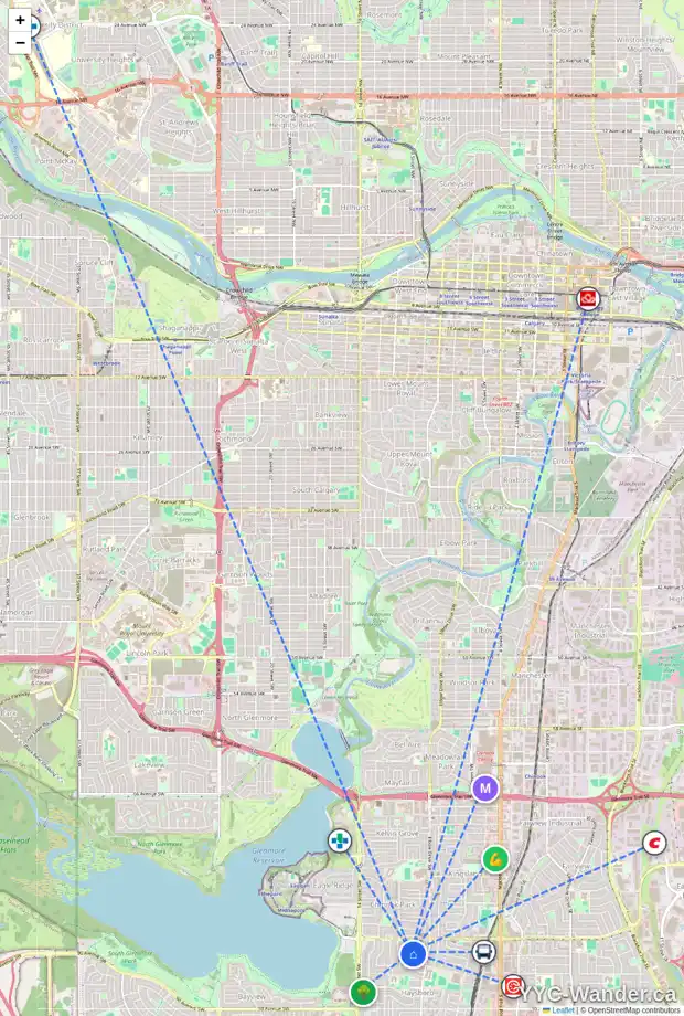 Daily accessibility map for 31 HAMLET RD SW, Calgary showing nearby schools, grocery stores, parks, LRT stations and nearby amenities