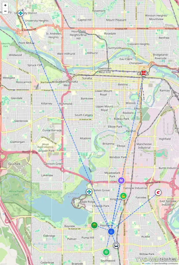 Daily accessibility map for 38 HAYS DR SW, Calgary showing nearby schools, grocery stores, parks, LRT stations and nearby amenities