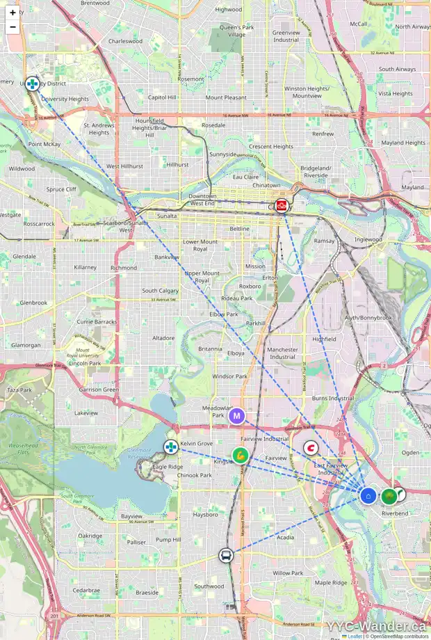 Daily accessibility map for 16 RIVERSIDE CR SE, Calgary showing nearby schools, grocery stores, parks, LRT stations and nearby amenities