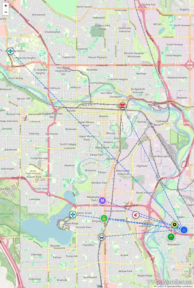 Daily accessibility map for 7834 21A ST SE, Calgary showing nearby schools, grocery stores, parks, LRT stations and nearby amenities