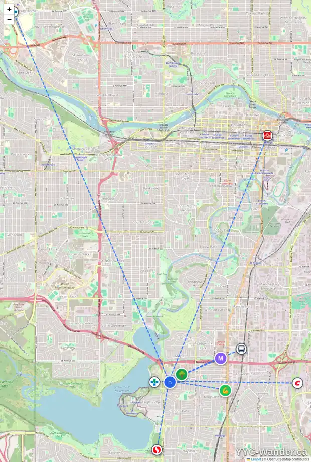 Daily accessibility map for 7252 KANANASKIS DR SW, Calgary showing nearby schools, grocery stores, parks, LRT stations and nearby amenities