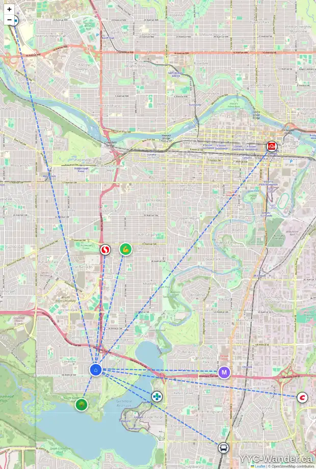 Daily accessibility map for 2636 LIONEL CR SW, Calgary showing nearby schools, grocery stores, parks, LRT stations and nearby amenities