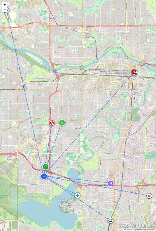 Daily accessibility map for 6316 LOUISE RD SW, Calgary showing nearby schools, grocery stores, parks, LRT stations and nearby amenities