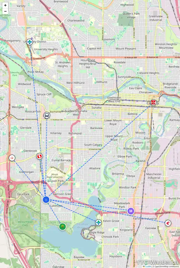 Daily accessibility map for 5903 34 ST SW, Calgary showing nearby schools, grocery stores, parks, LRT stations and nearby amenities