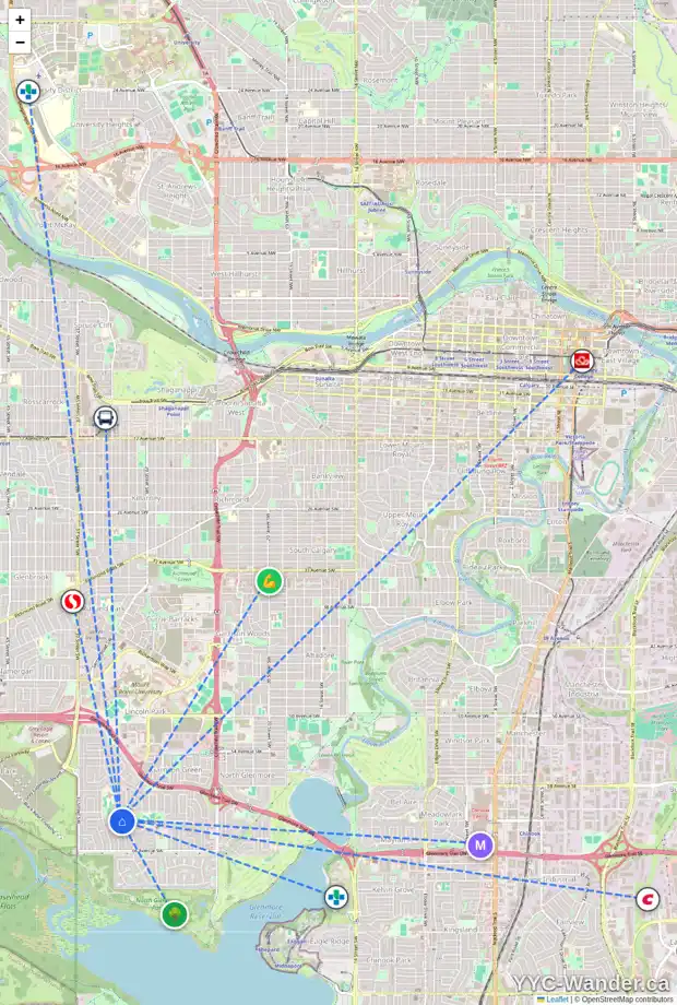 Daily accessibility map for 6204 LEWIS DR SW, Calgary showing nearby schools, grocery stores, parks, LRT stations and nearby amenities