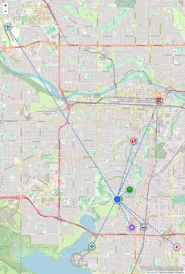 Daily accessibility map for 16 WINDSOR CR SW, Calgary showing nearby schools, grocery stores, parks, LRT stations and nearby amenities