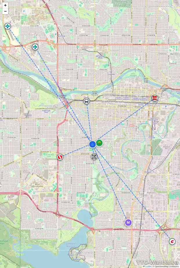 Daily accessibility map for 1532 29 AV SW, Calgary showing nearby schools, grocery stores, parks, LRT stations and nearby amenities