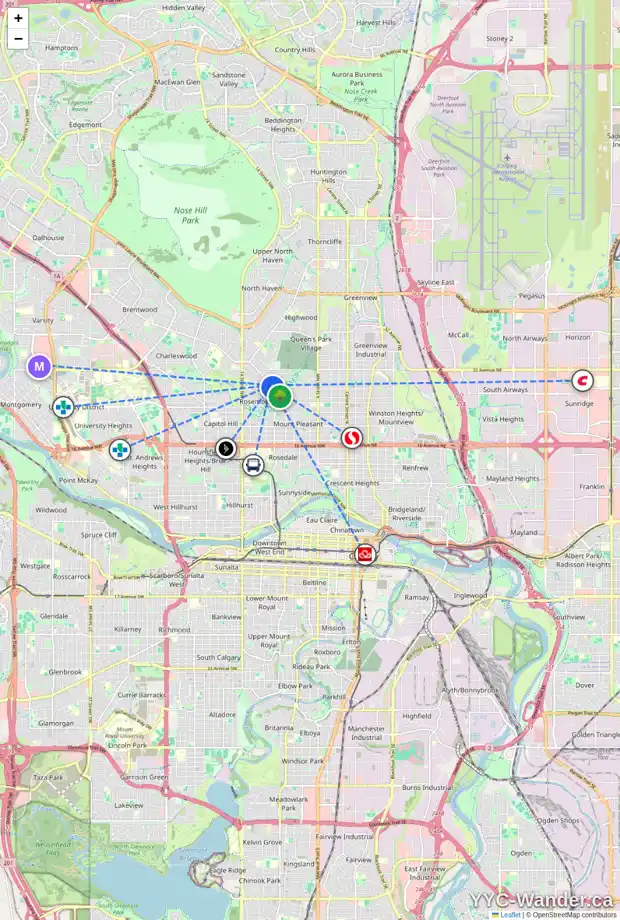 Daily accessibility map for 3023 10 ST NW, Calgary showing nearby schools, grocery stores, parks, LRT stations and nearby amenities
