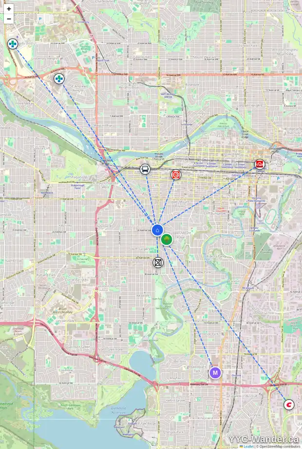 Daily accessibility map for 2620 14A ST SW, Calgary showing nearby schools, grocery stores, parks, LRT stations and nearby amenities
