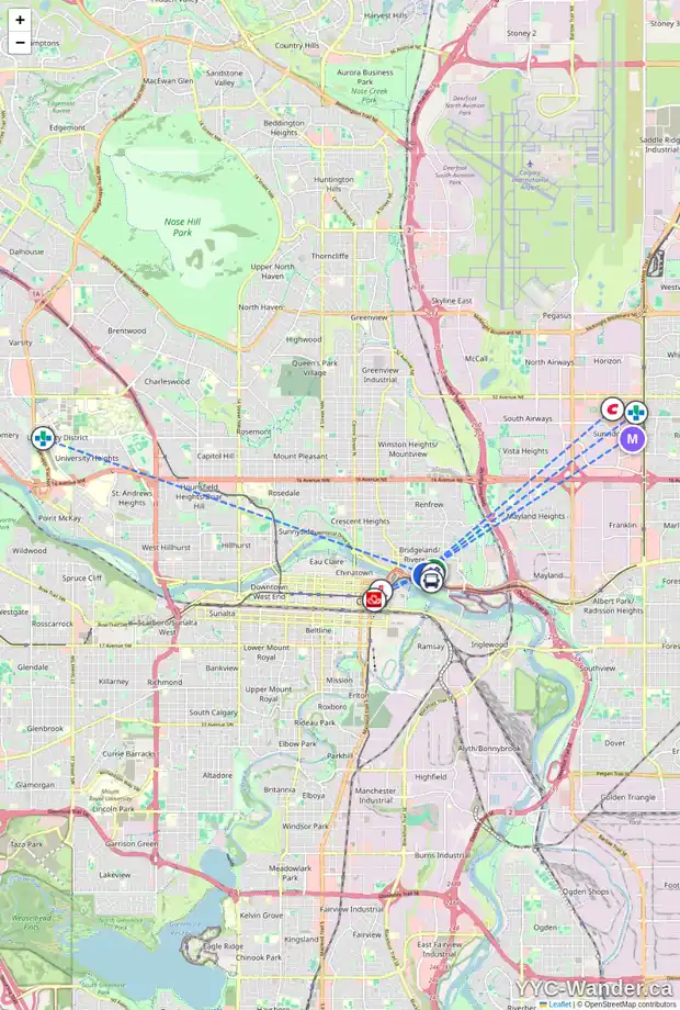 Daily accessibility map for 835 MCDOUGALL RD NE, Calgary showing nearby schools, grocery stores, parks, LRT stations and nearby amenities