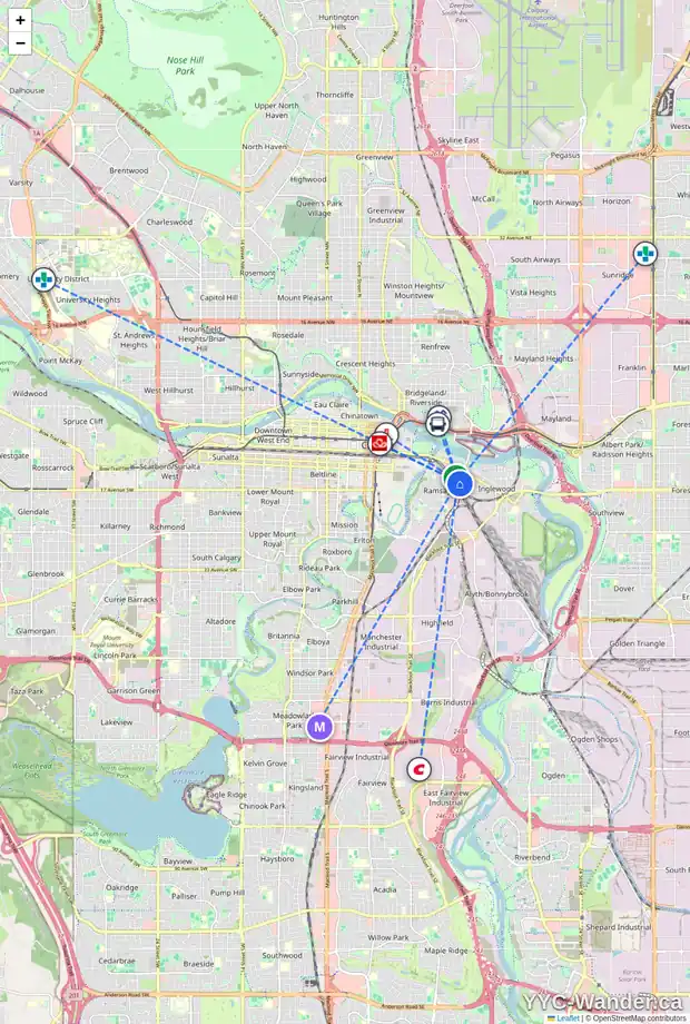 Daily accessibility map for 1307 11 AV SE, Calgary showing nearby schools, grocery stores, parks, LRT stations and nearby amenities