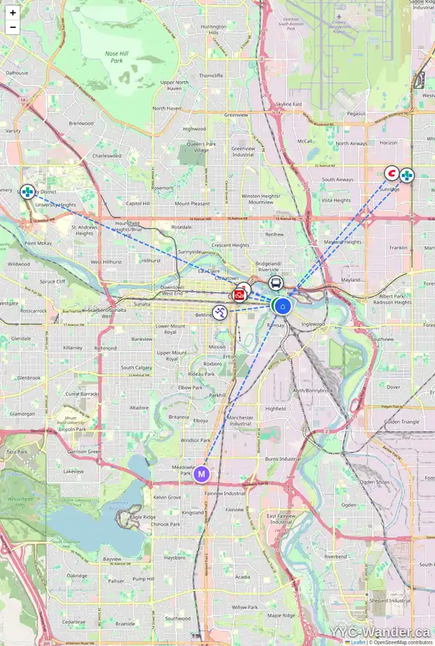 Daily accessibility map for 1007 8 AV SE, Calgary showing nearby schools, grocery stores, parks, LRT stations and nearby amenities