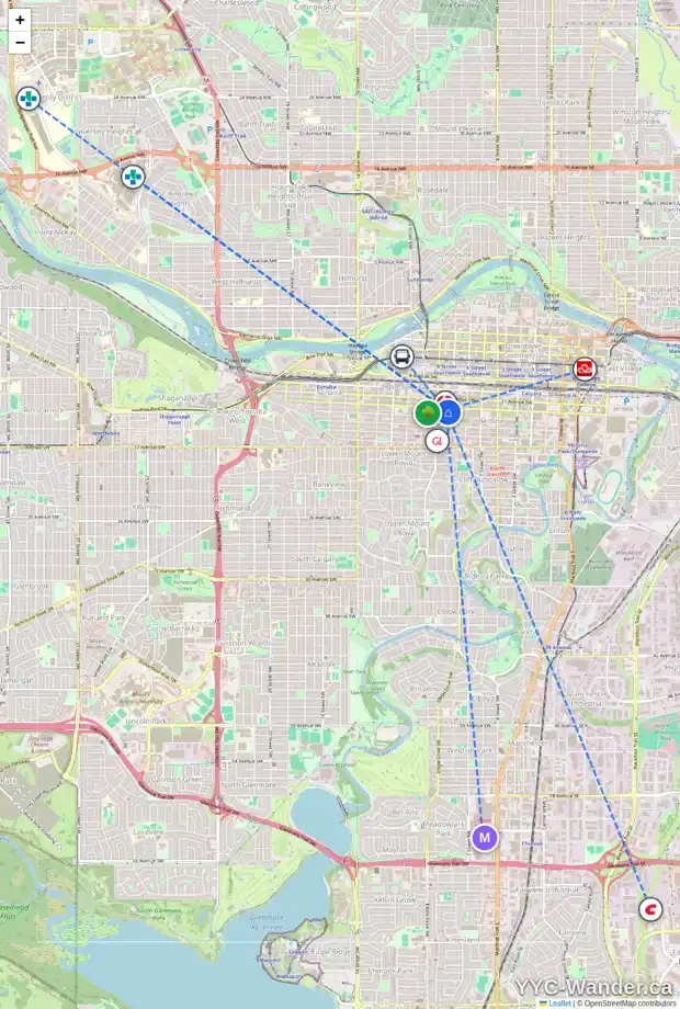 Daily accessibility map for 811 12 AV SW, Calgary showing nearby schools, grocery stores, parks, LRT stations and nearby amenities