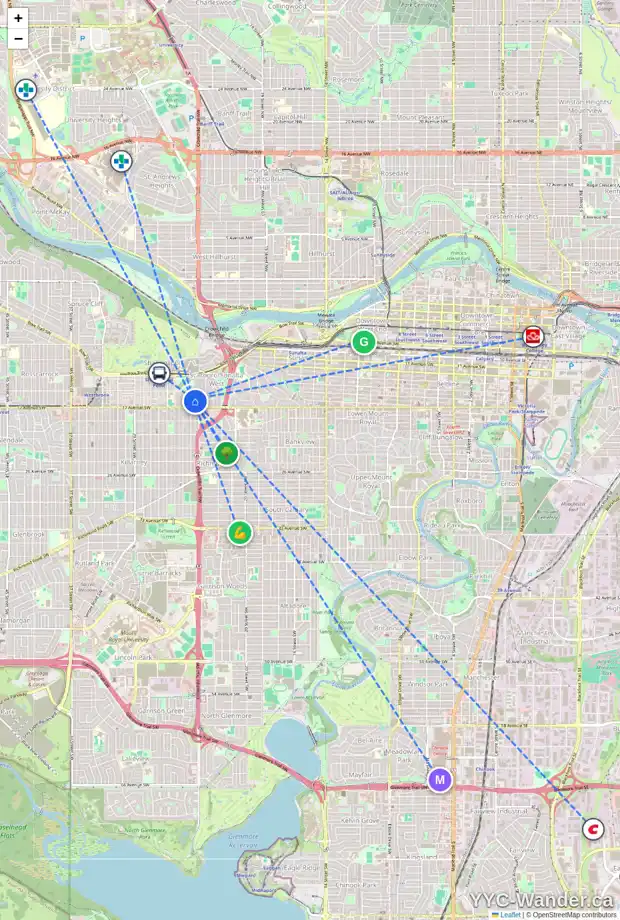 Daily accessibility map for 1722 24A ST SW, Calgary showing nearby schools, grocery stores, parks, LRT stations and nearby amenities