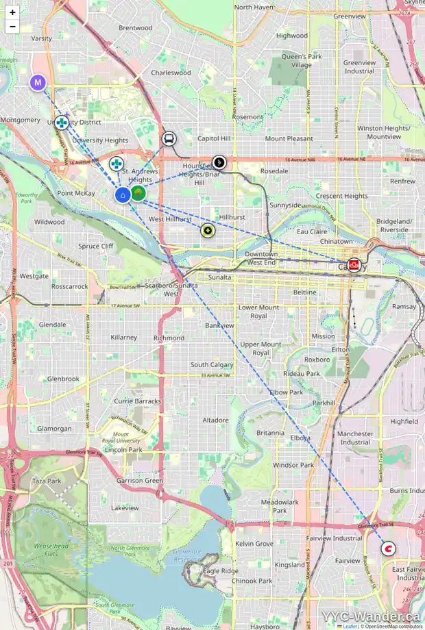 Daily accessibility map for 927 32 ST NW, Calgary showing nearby schools, grocery stores, parks, LRT stations and nearby amenities