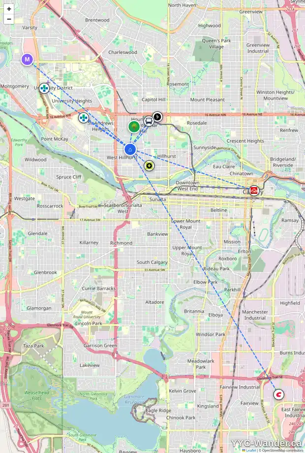 Daily accessibility map for 2226 5 AV NW, Calgary showing nearby schools, grocery stores, parks, LRT stations and nearby amenities