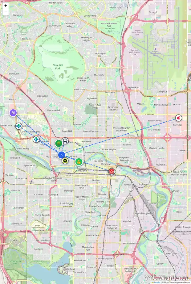 Daily accessibility map for 2028 4 AV NW, Calgary showing nearby schools, grocery stores, parks, LRT stations and nearby amenities