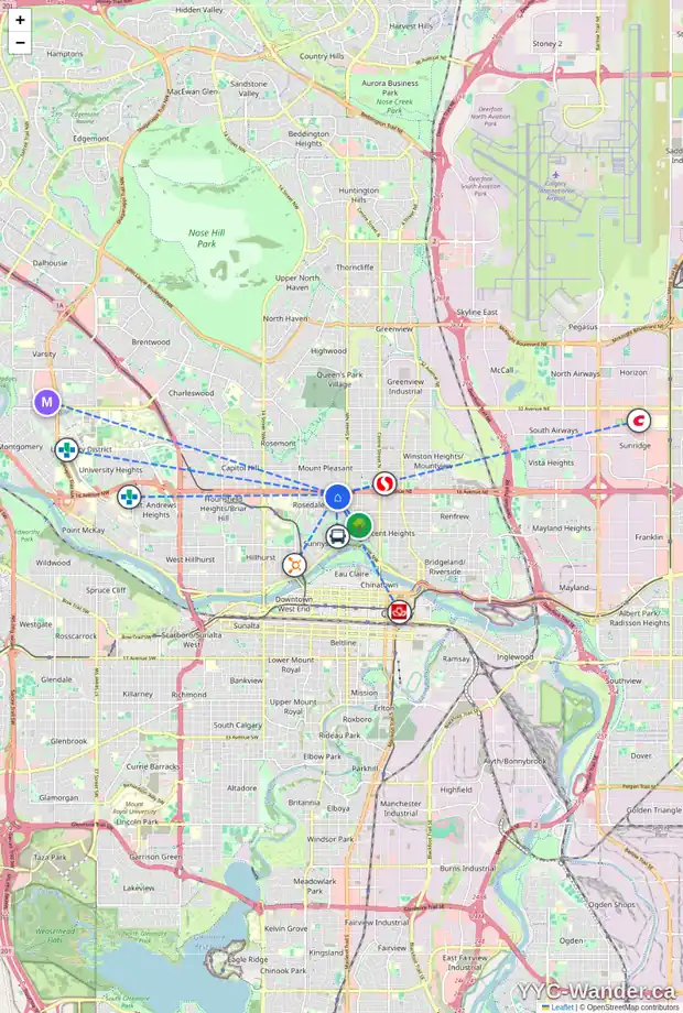 Daily accessibility map for 1625 5 ST NW, Calgary showing nearby schools, grocery stores, parks, LRT stations and nearby amenities