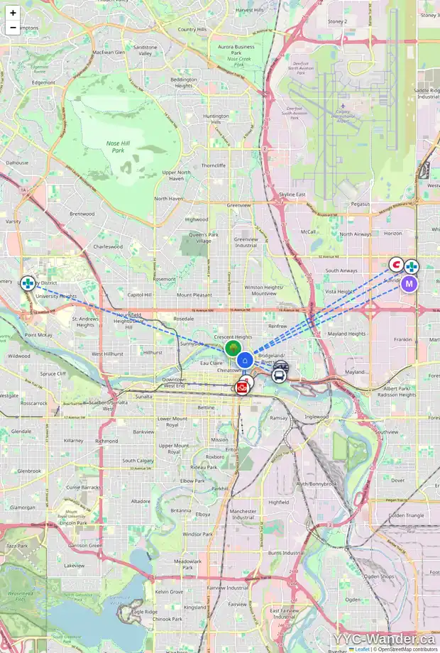 Daily accessibility map for 322 1 AV NE, Calgary showing nearby schools, grocery stores, parks, LRT stations and nearby amenities