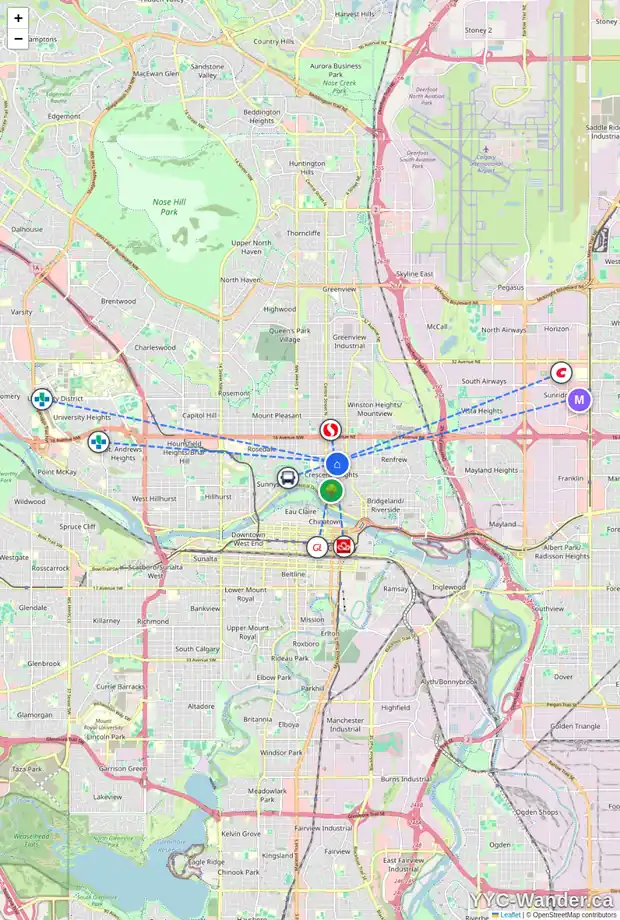 Daily accessibility map for 201 11 AV NE, Calgary showing nearby schools, grocery stores, parks, LRT stations and nearby amenities