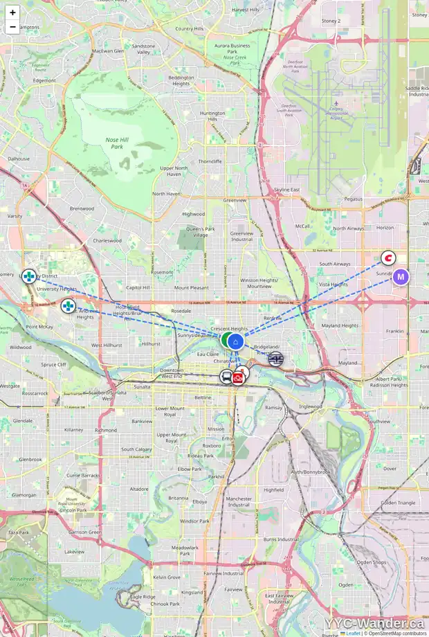 Daily accessibility map for 230 4 AV NE, Calgary showing nearby schools, grocery stores, parks, LRT stations and nearby amenities